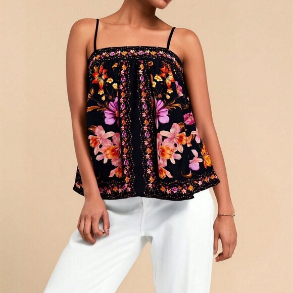Black Boho Women's Floral Print Loose Camisole Tank Top - Picture 4 of 6